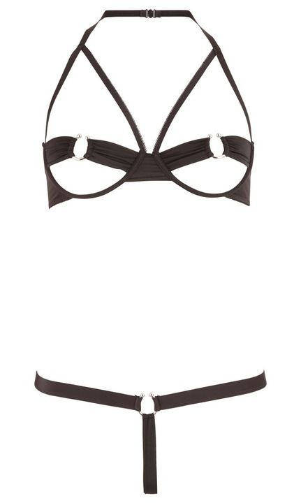 Szexi fehérnemű szett, Cottelli Collection, fekete, merevített melltartóval és elasztikus zsinórral, 85% poliamid, 15% spandex, S INTL