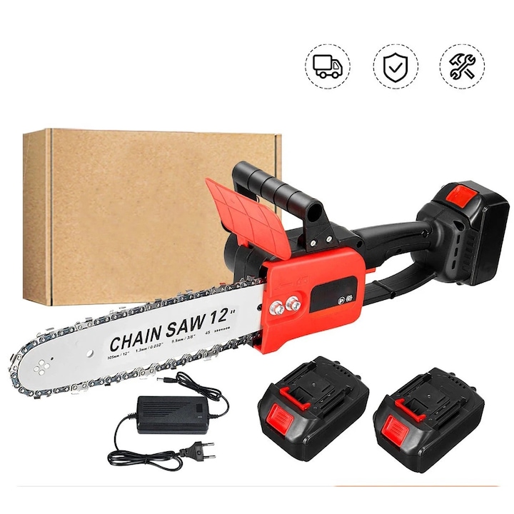 Drujba electrica cu lant CAMPION Super Power, putere 1200W, 2 Acumulatori de 48V, 4200rpm, rosu-negru