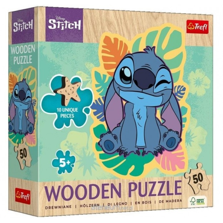 50 elemes puzzle fa kontúr vidám Stitch, Trefl PAP, 10 figura, többszínű
