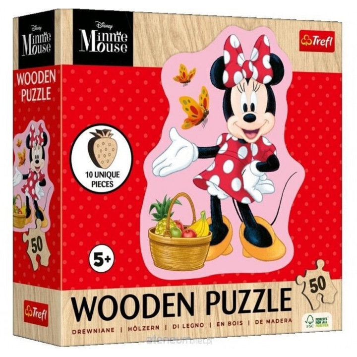 Rejtvény 50 elemből fa kontúr Vidám Minnie, Trefl PAP, 10 figura, tarka