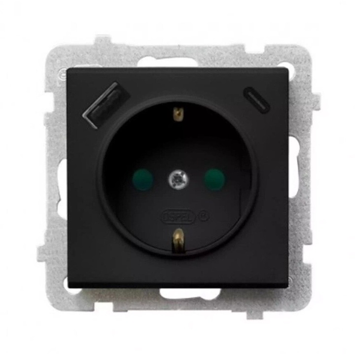 Priză Schuko, Ospel, încărcător USB A+C, capac electric, negru metalic, 73x73x44mm, impamantare