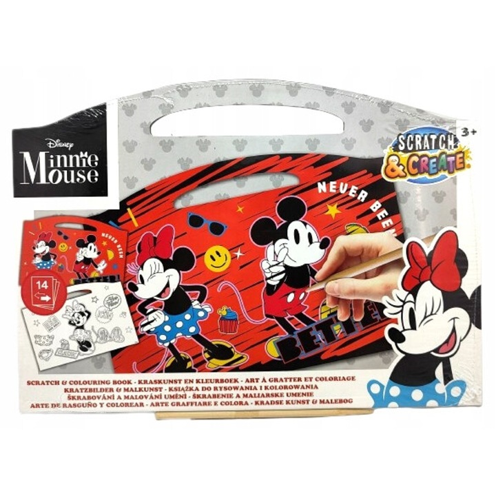 Set carte de colorat Disney Minnie Mouse, 14 coli, CARDSPLITTER cu baston de razuit din lemn