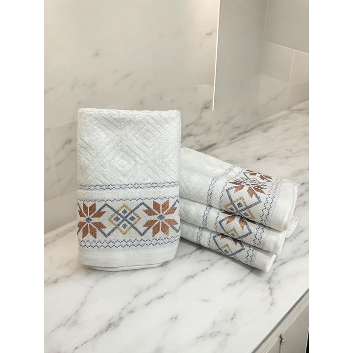 Set 4 Prosoape 50 x 90 cm 100 % Bumbac, model Traditional Alb Gri Auriu Caramiziu