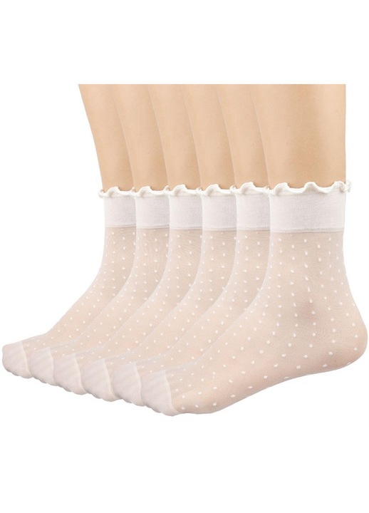 Set 6 perechi de sosete dama, Ruffle Sheer sosete, scurte 1/2, Nylon, One Size INTL, Alb