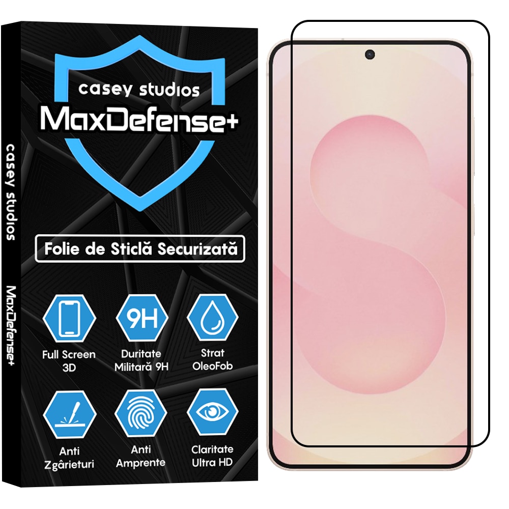 Folie Sticla CASEY STUDIOS compatibila cu Samsung Galaxy S25 Plus, Full Glue, Sticla Securizata, Duritate Militara, Ultra HD, Protectie Profesionala Ecran 3D, Anti Zgarieturi, Anti Socuri