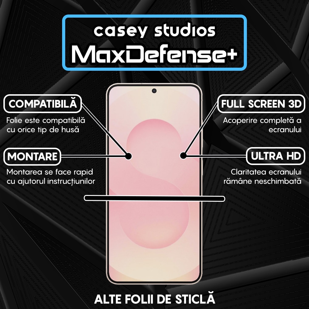 Folie Sticla CASEY STUDIOS compatibila cu Samsung Galaxy S25 Plus, Full Glue, Sticla Securizata, Duritate Militara, Ultra HD, Protectie Profesionala Ecran 3D, Anti Zgarieturi, Anti Socuri