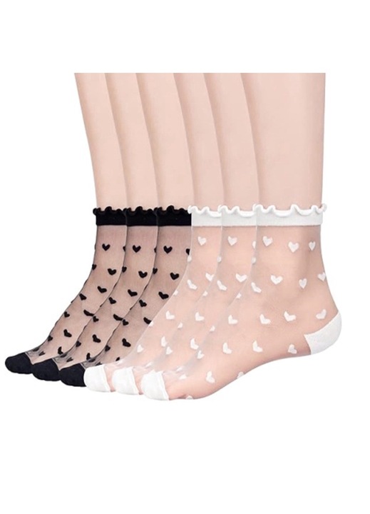 Set 6 perechi de sosete dama, Ruffle Sheer sosete, scurte 1/2, Nylon, One Size INTL, Alb/Negru