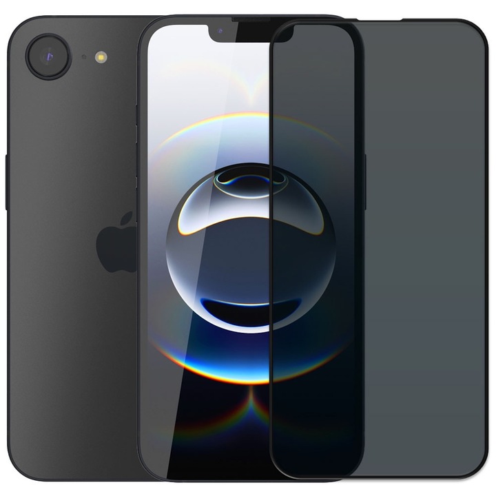 Folie din sticla securizata pentru Apple iPhone 16e, HAMSTERBOX Privacy Shield, Protectie completa ecran, Full face, Aplicare rapida, Case Friendly, Negru
