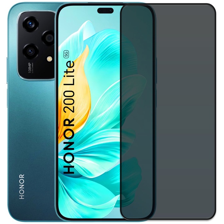 Folie din sticla securizata pentru Honor 200 Lite 5G, HAMSTERBOX Privacy Shield, Protectie completa ecran, Full face, Aplicare rapida, Case Friendly, Negru