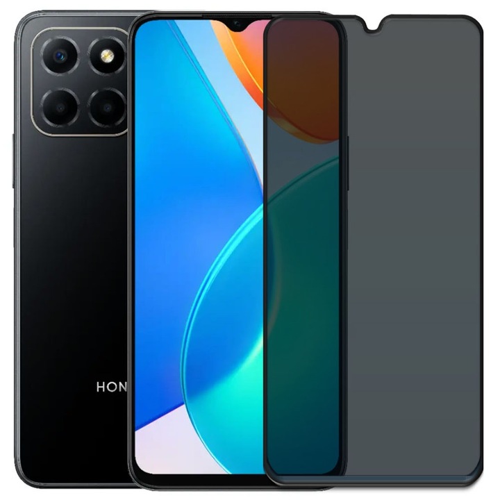 Folie din sticla securizata pentru Honor X6, HAMSTERBOX Privacy Shield, Protectie completa ecran, Full face, Aplicare rapida, Case Friendly, Negru