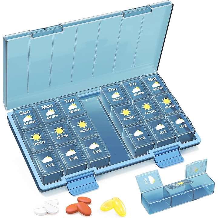 Organizator de pilule 3X pe zi, Cutie de pilule pentru 7 zile cu tripla protectie, pentru vitamine, medicamente si suplimente, 22.8x13x3 cm, Albastru