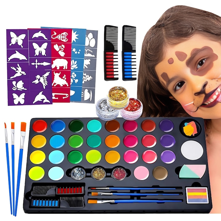 Kit de pictura pentru fata si corp, Excitat@, copii si adulti, 30 culori, Pe baza de apa, Non-Toxic, Include sclipici, creta de par, pensule, sabloane, tatuaje, 3 ani +