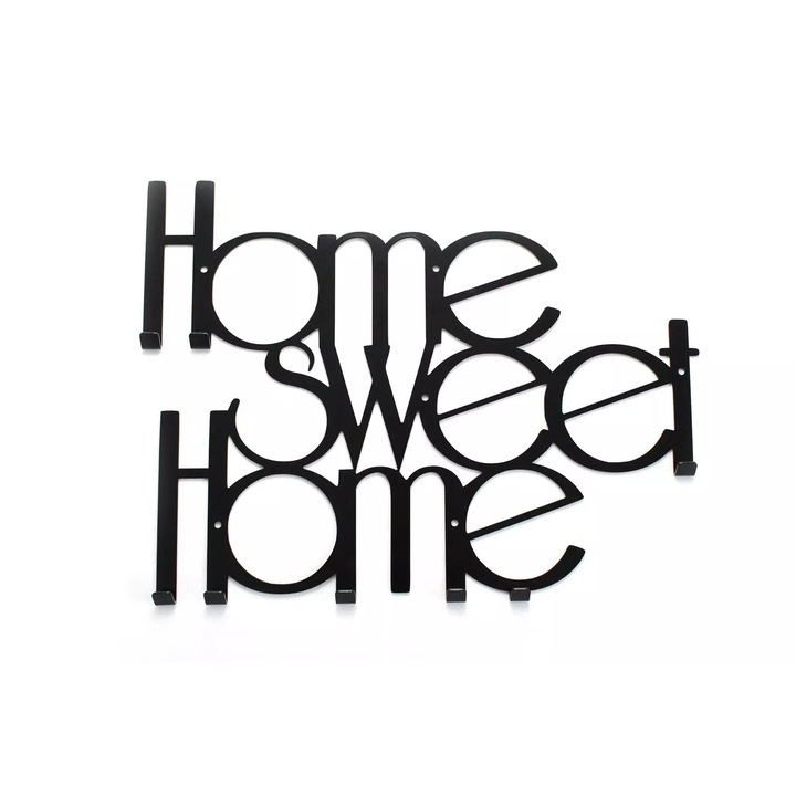 Cuiere Home Sweet Home, Nan 500x377mm, 7 carlige, otel vopsit, set cu dibluri si suruburi negru