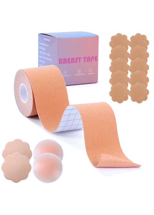 Set plasturi/banda adeziva sani, bumbac/spandex, 5 x 5CM, strange sanii impreuna pentru a preveni caderea, respirabil, confortabil si fara semne, 12perechi plasturi sani + 1 rola banda adeziva sani, Bej