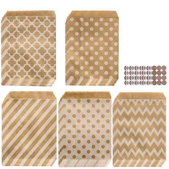 Комплект от 100 хартиени подаръчни торбички, SINBINTA, Крафт хартиени торбички, Със стикери, 100% биоразградими, Рециклируеми, Сгъваеми, Устойчиви на разкъсване, За бонбони, сладкиши, пуканки, закуски, 13х18 см, Многоцветни