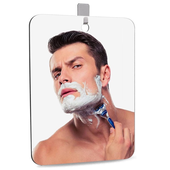 Oglinda cosmetica, Hggzeg, Oglinda baie, Cu 1 carlig adeziv, Rezistenta la spargere, Mai putina aburire, Fara rama, Portabil, Usor de instalat, Pentru baie, living, dormitor, Acril, 20 x 30cm, Argintiu