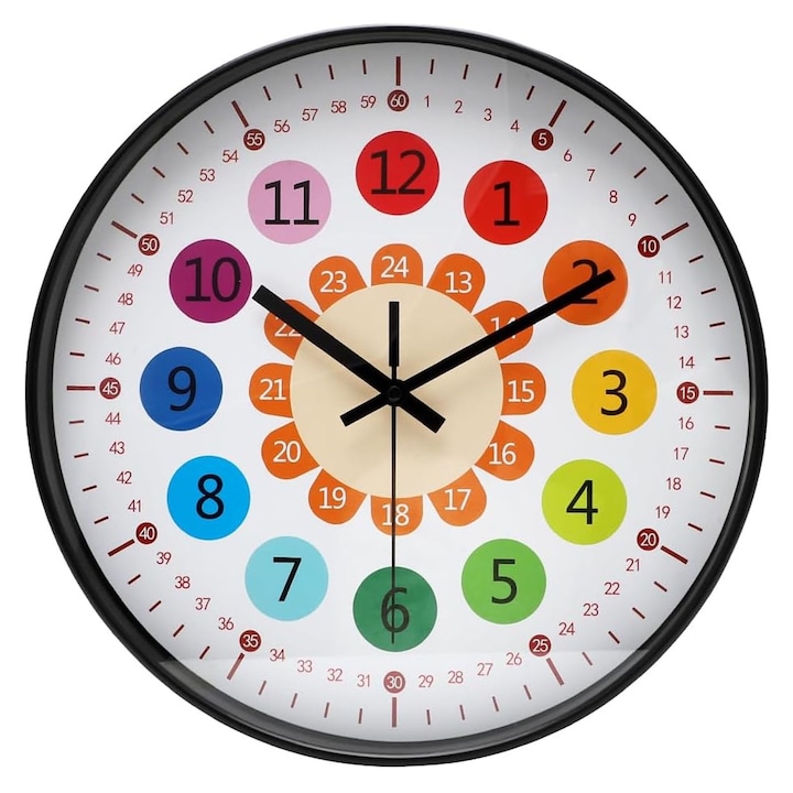 Детски стенен часовник, SINBINTA, Стенен часовник, Работи с батерии, Кръгъл, Стенен, Безшумен, Лесен за инсталиране и четене, За детски градини, училища, предучилищни заведения и начални училища, Стъкло/ABS, 30.5*30.5 см, Многоцветен
