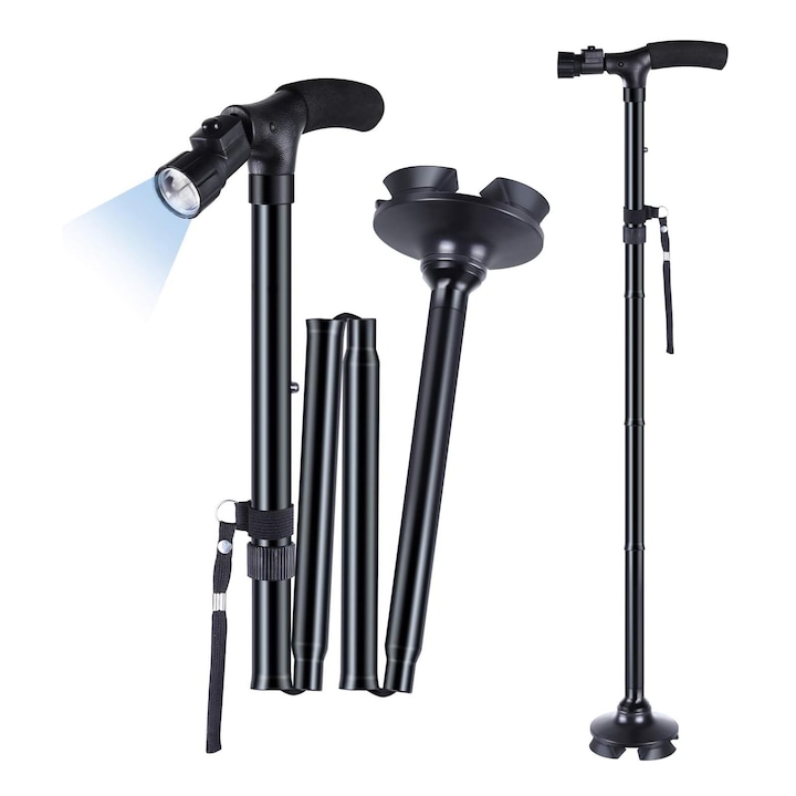 Baston pentru mers din aluminiu, Hggzeg, Baston telescopic de sprijin pliabil, Cu lanterna LED, 5 nivele de ajustare, Maner ergonomic, Inaltime reglabila 82–94cm, Suporta pana la 100 kg, Anti-alunecare, Pentru cu dizabilitati si persoane in varsta, Negru