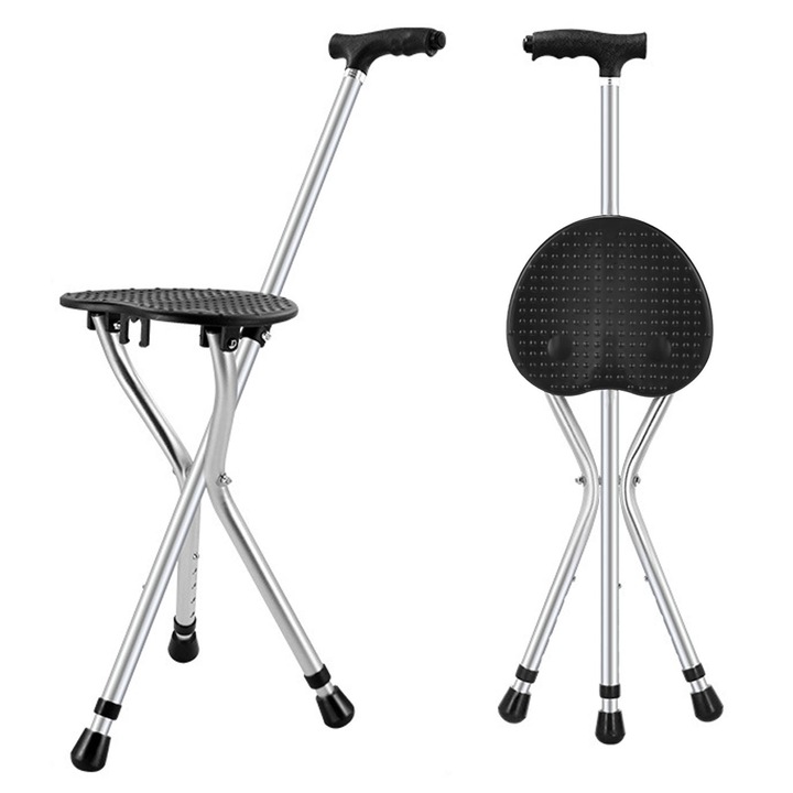 Baston din aluminiu cu scaun, Hggzeg, Baston telescopic de sprijin pliabil, Cu lanterna LED, 5 nivele de ajustare, Maner ergonomic, Inaltime reglabila 84–96cm, Suporta pana la 100 kg, Anti-alunecare, Pentru cu persoane in varsta, Negru