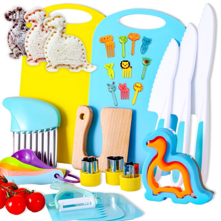 Konyhai eszközkészlet gyerekeknek, 30 darabos, fa/műanyag, Montessori oktató játékok, valódi főzéshez, Többszínű