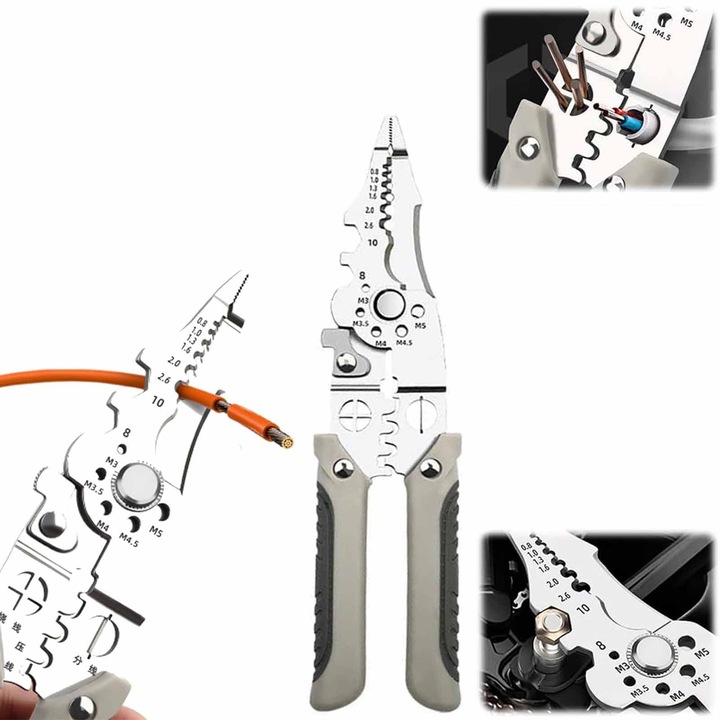 Cleste multifunctional pentru sarme, SINBINTA, Cleste multifunctional 28 in 1, Design ergonomic, Usor de utilizat, Robust, Antiderapant, Rezistent la rugina, Pentru decopertare, sertizare si taiere, Otel carbon, 22.7*4cm, Argintiu