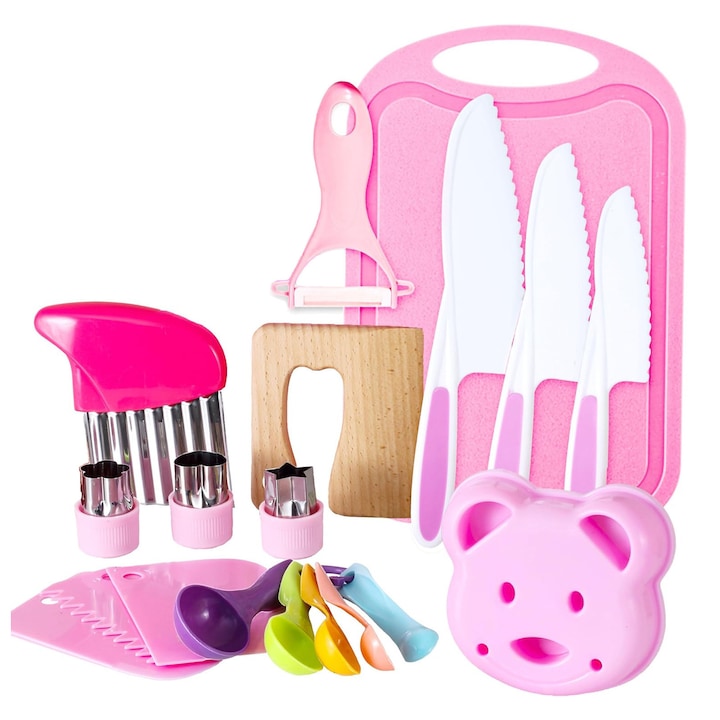 Set ustensile de bucatarie pentru copii, Lemn/Plastic, 29 bucati, Jucarii educationale Montessori, Roz