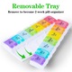 Organizator medicamente, Hggzeg, Cutie pastile saptamanal, Cu 14 compartimente, Recipiente detasabile, Fara BPA, Protejeaza impotriva umezelii, Design buton apasa, Portabila, Plastic, 23 x 11.5 x 2.7cm, Multicolor