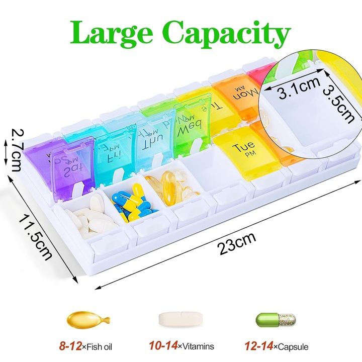 Organizator medicamente, Hggzeg, Cutie pastile saptamanal, Cu 14 compartimente, Recipiente detasabile, Fara BPA, Protejeaza impotriva umezelii, Design buton apasa, Portabila, Plastic, 23 x 11.5 x 2.7cm, Multicolor