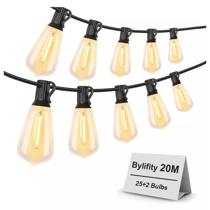 Ghirlanda luminoasa decorativa exterior, 20 m, Weluvfit, G5428-ST38, 25 becuri+2 becuri rezerva, 2200K, E27, Rezistent la apa, interconectabila, lumina calda