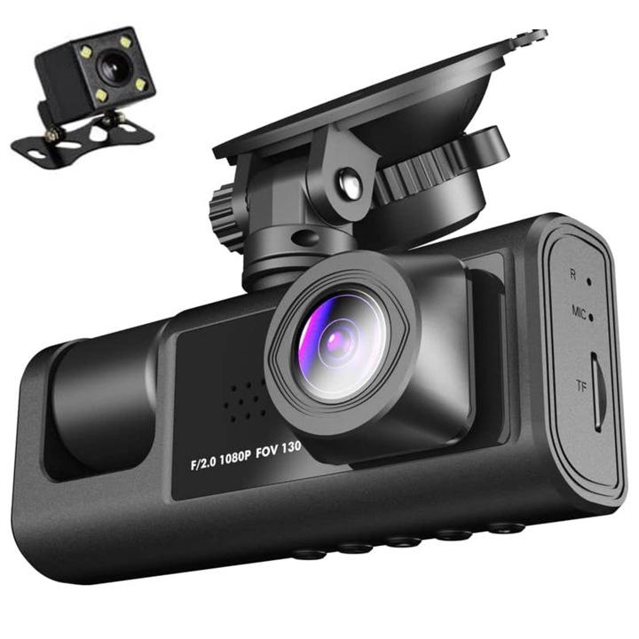 Автомобилна камера DVR PLUS 3-в-1 Автомобилна камера DVRДвустепенна HD 1080P камера + Full HD камера за задно виждане, 170° ултрашироко зрително поле, 2" IPS дисплей, нощно виждане, двоен запис, детектор на движение, цикличен запис