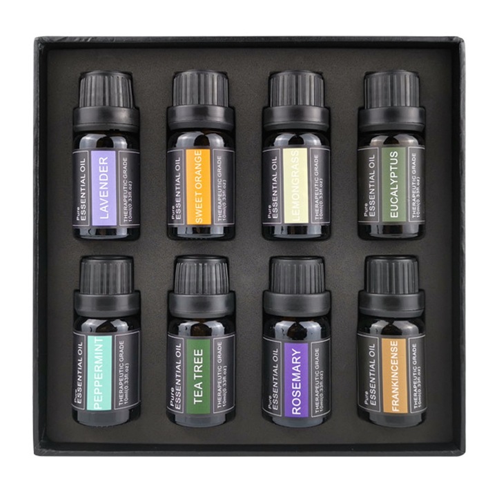Комплект от 8 етерични масла за ароматерапия, Hggzeg, Ароматно масло, Лавандула, Лимонена трева, Сладък портокал, Мента, Чаено дърво, Евкалипт, Тамян, Розмарин, Пречиства въздуха, Подобрява настроението, За дифузер и локално приложение, 8 x 10 мл