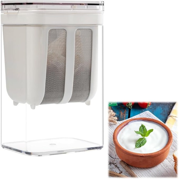 Комплект за пресоване на сирене, цедка за кисело мляко, фина цедка, 1100 мл гъсто гръцко кисело мляко, цедка за мляко, кухненски прибори, чаша за многократна употреба с мрежа от неръждаема стомана, 10,8 x 17,6 x 9 см