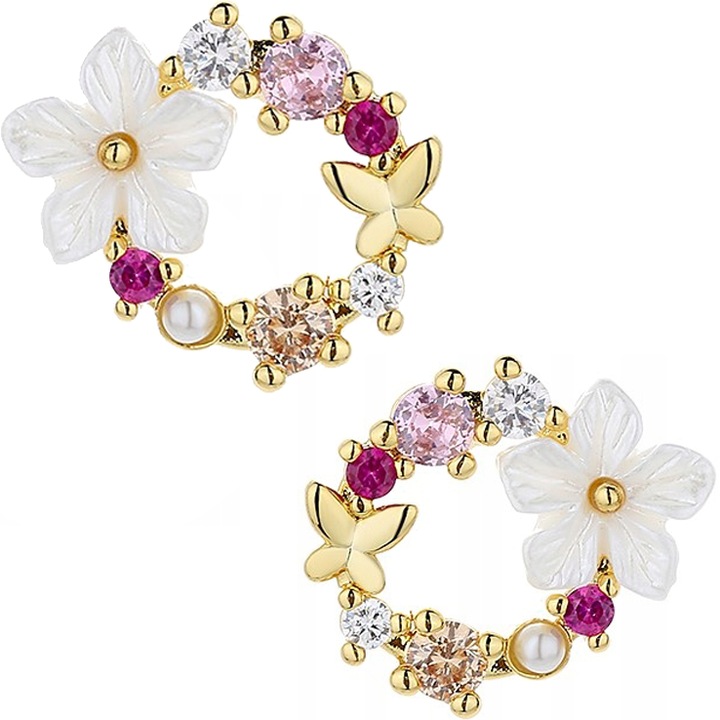 Дамски обеци, сребро 925, позлатени, цветя и пеперуди, елегантни бижута