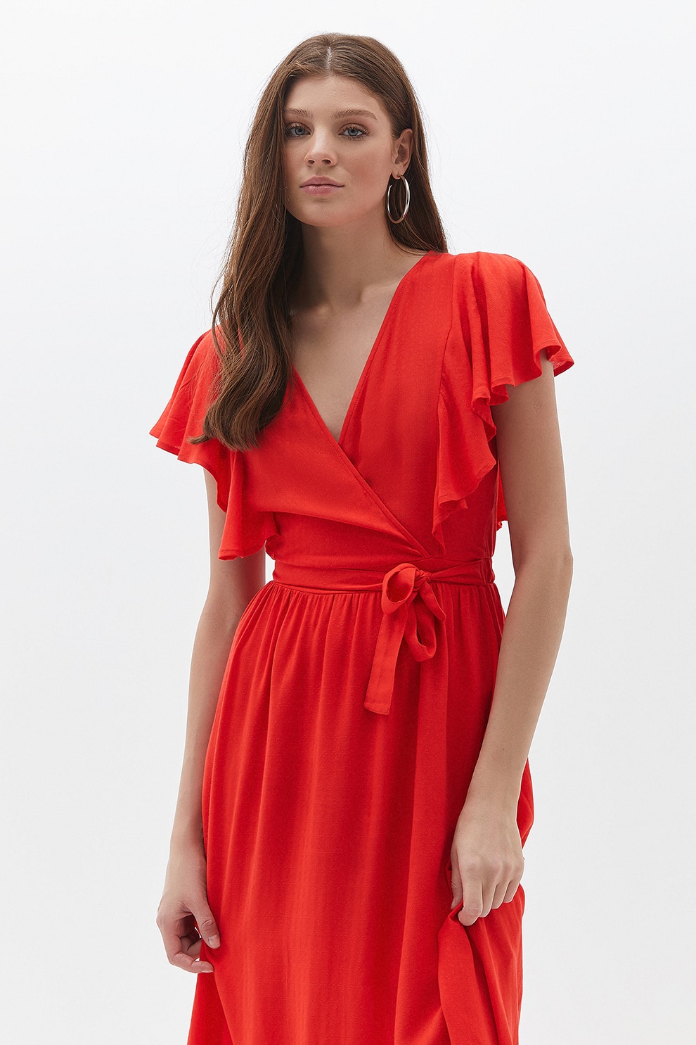 OXXO, Rochie midi cu decolteu in V si cordon in talie, Rosu vermillion, 2XS