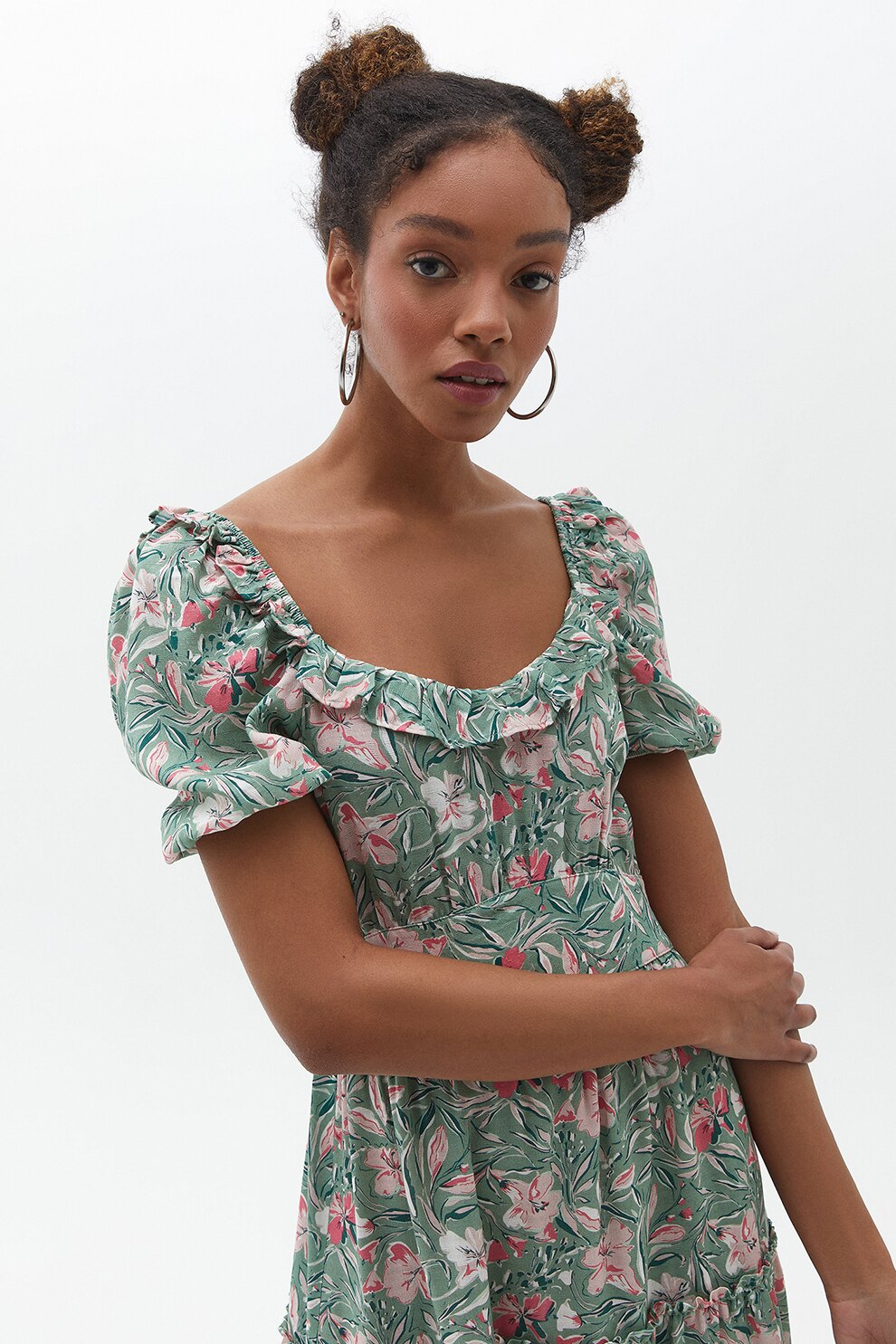 OXXO, Rochie cu imprimeu, decolteu rotund si volane, Verde deschis, XS