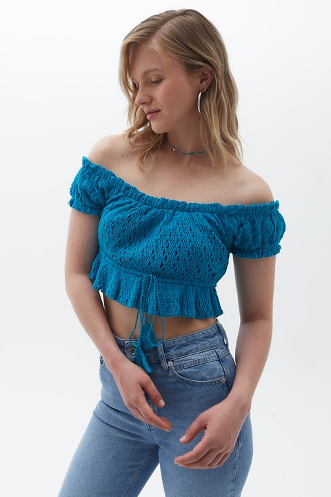 OXXO, Bluza crop cu decolteu pe un umar, Albastru