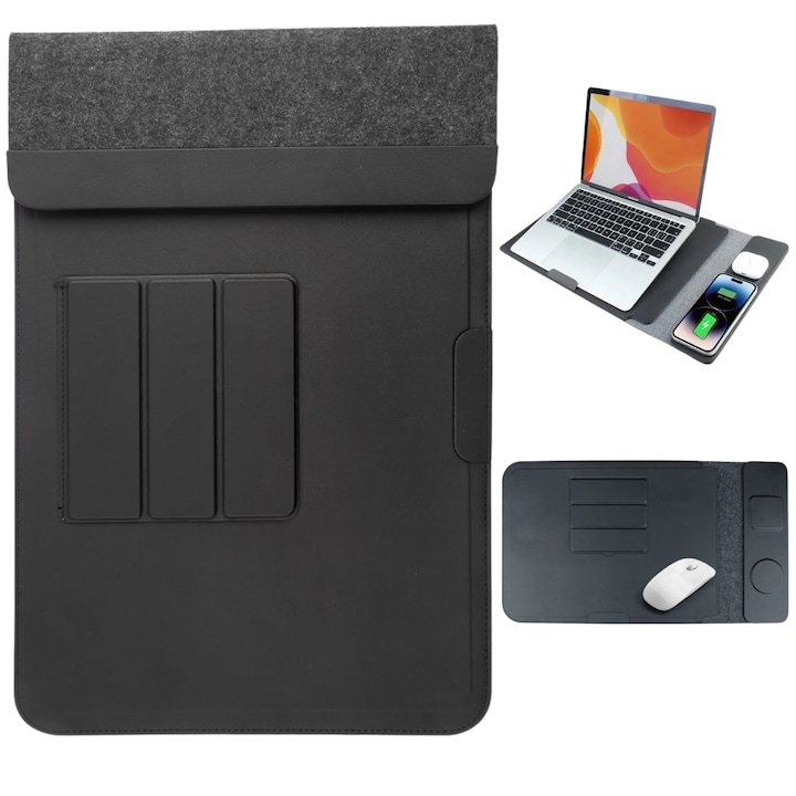 Husa Laptop cu Incarcare dubla Wireless 15W, Protectie 360, Impermeabila, Rezistenta la socuri, 13-14 inch, Suport Pliabil si Design Slim, Piele PU Premium, 4-in-1 cu Suport Mousepad, Compatibila Universal, MacBook Air, MacBook Pro, Tableta, Negru