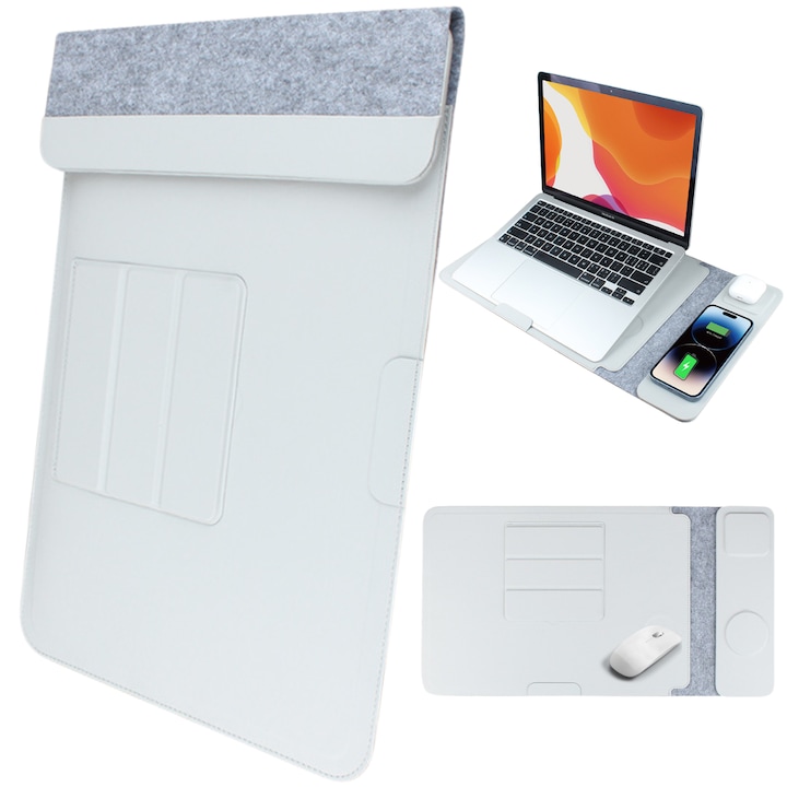 Husa Laptop cu Incarcare dubla Wireless 15W, Protectie 360, Impermeabila, Rezistenta la socuri, 13-14 inch, Suport Pliabil si Design Slim, Piele PU Premium, 4-in-1 cu Suport Mousepad, Compatibila Universal, MacBook Air, MacBook Pro, Tableta, Gri