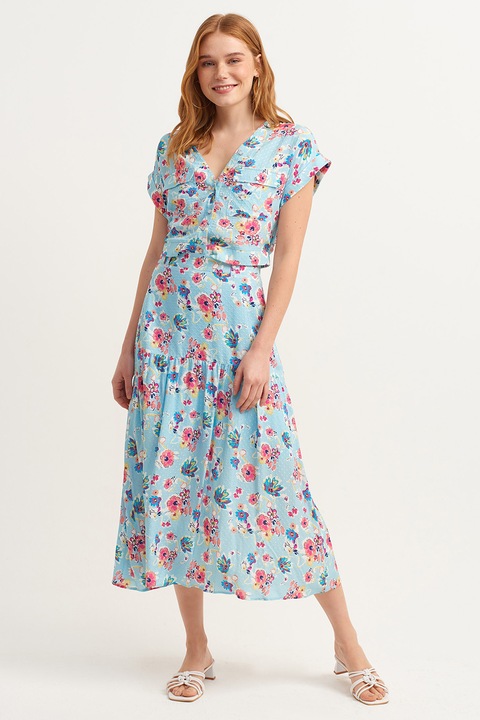 OXXO, Fusta midi cu model floral si talie inalta, Albastru deschis