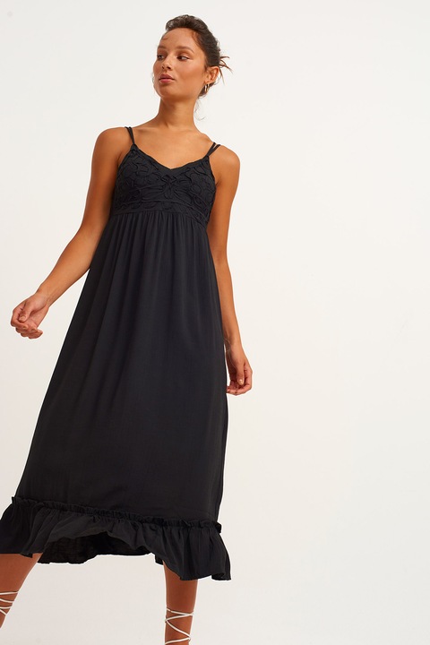 OXXO, Rochie midi evazata cu decolteu in V si volane, Negru, M