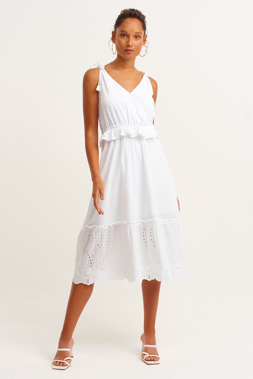 OXXO, Rochie midi evazata cu volane, Alb, S