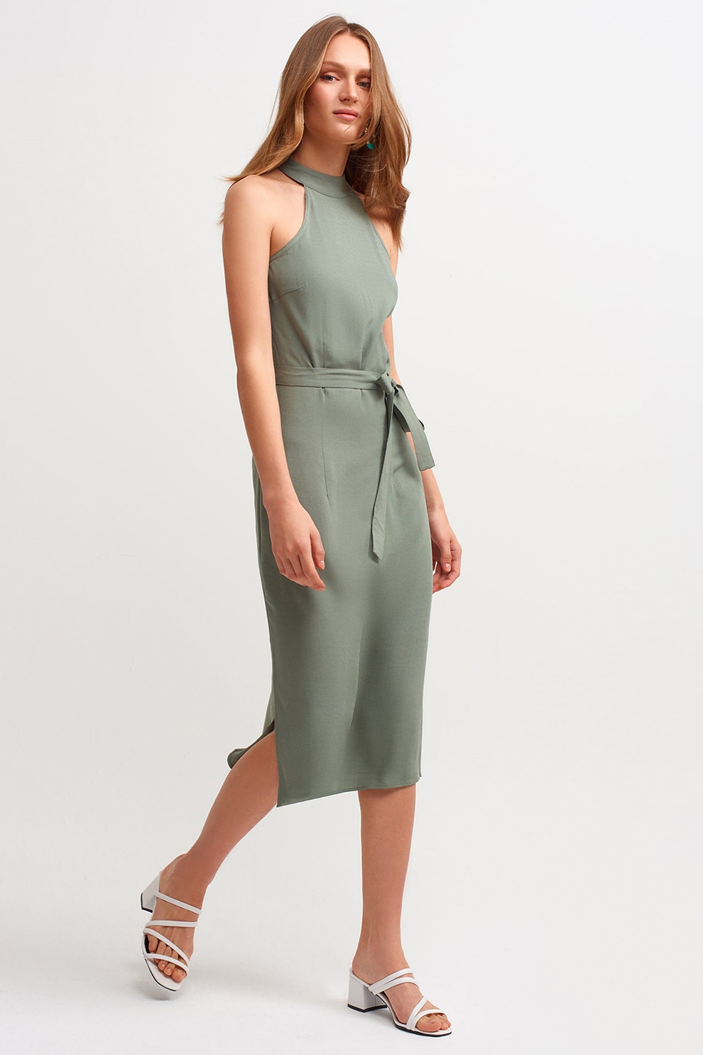 OXXO, Rochie midi cu cordon in talie, Verde spranghel, M