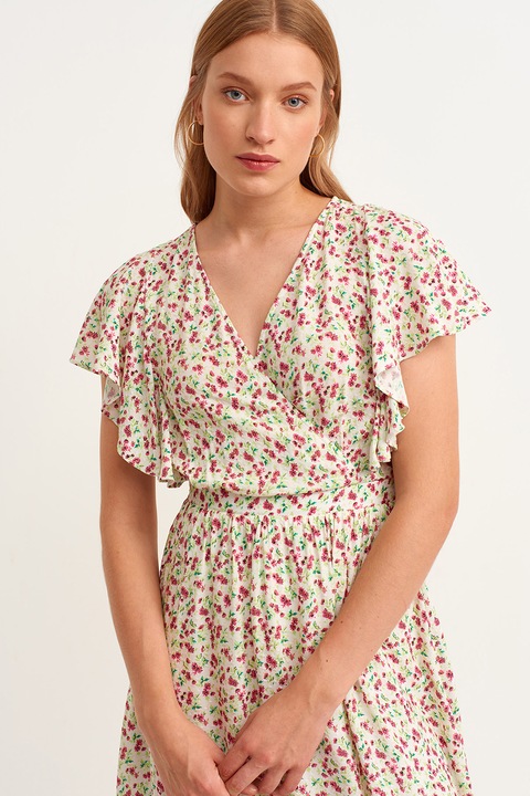 OXXO, Rochie lunga cu decolteu in V si model floral, Verde/Roz inchis/Crem