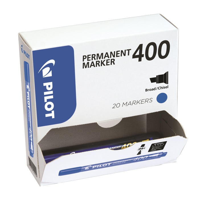 Set marker permanent Pilot 400, varf tesit, 20 bucati, albastru