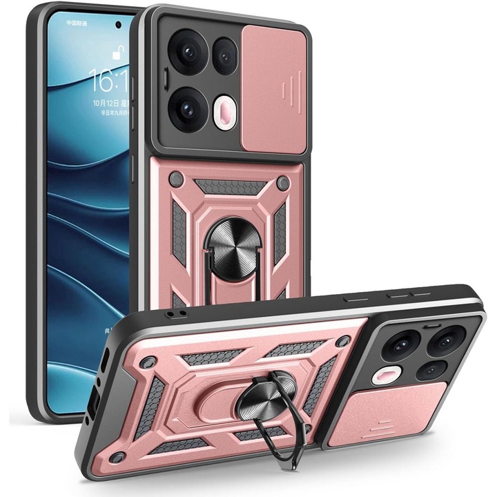 Калъф за Oppo Reno 13 Pro 5G Ring Armor Kickstand Tough Rugged Cover със защита на камерата - розово злато