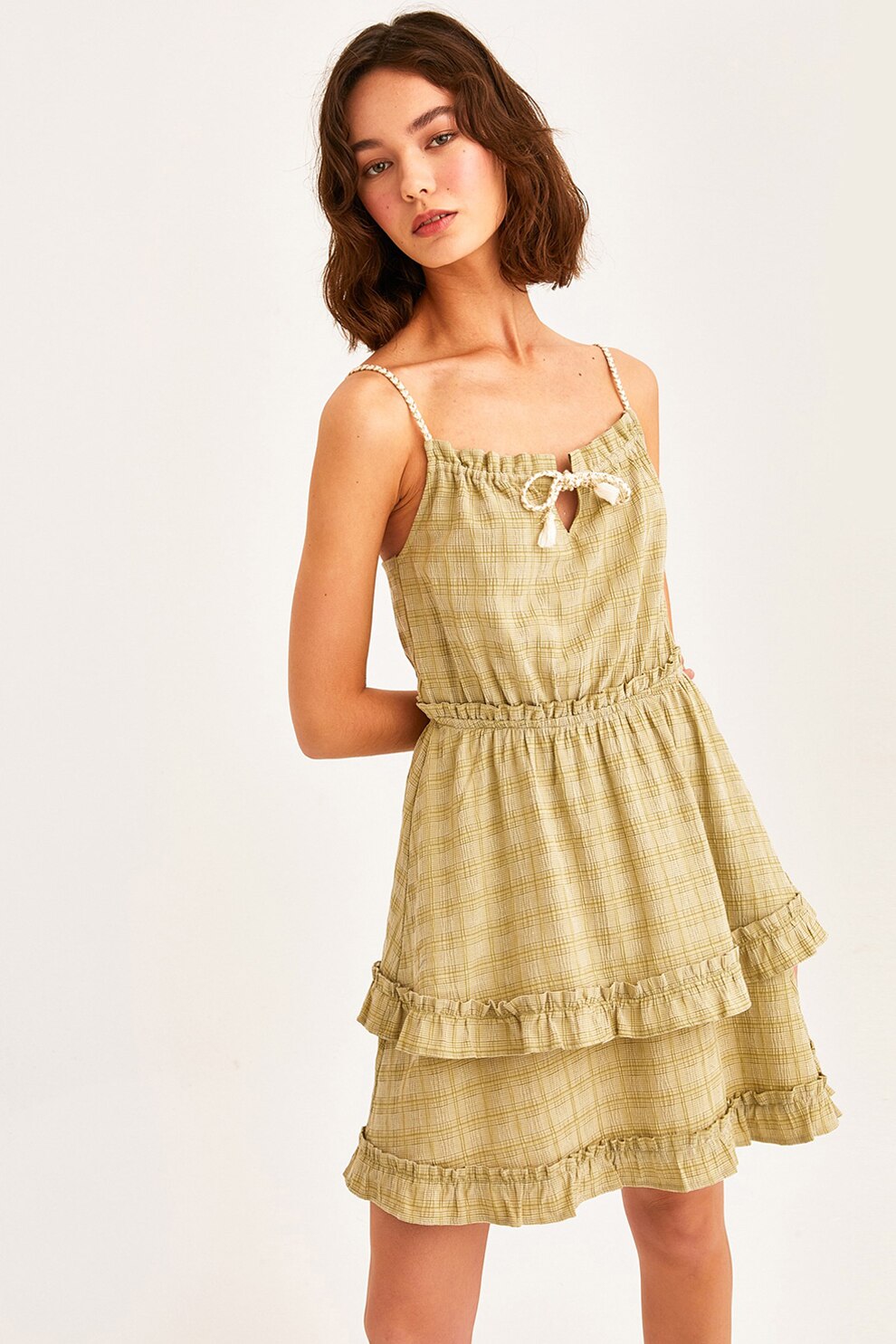 OXXO, Rochie scurta din amestec de in cu croiala in A, Kaki, L