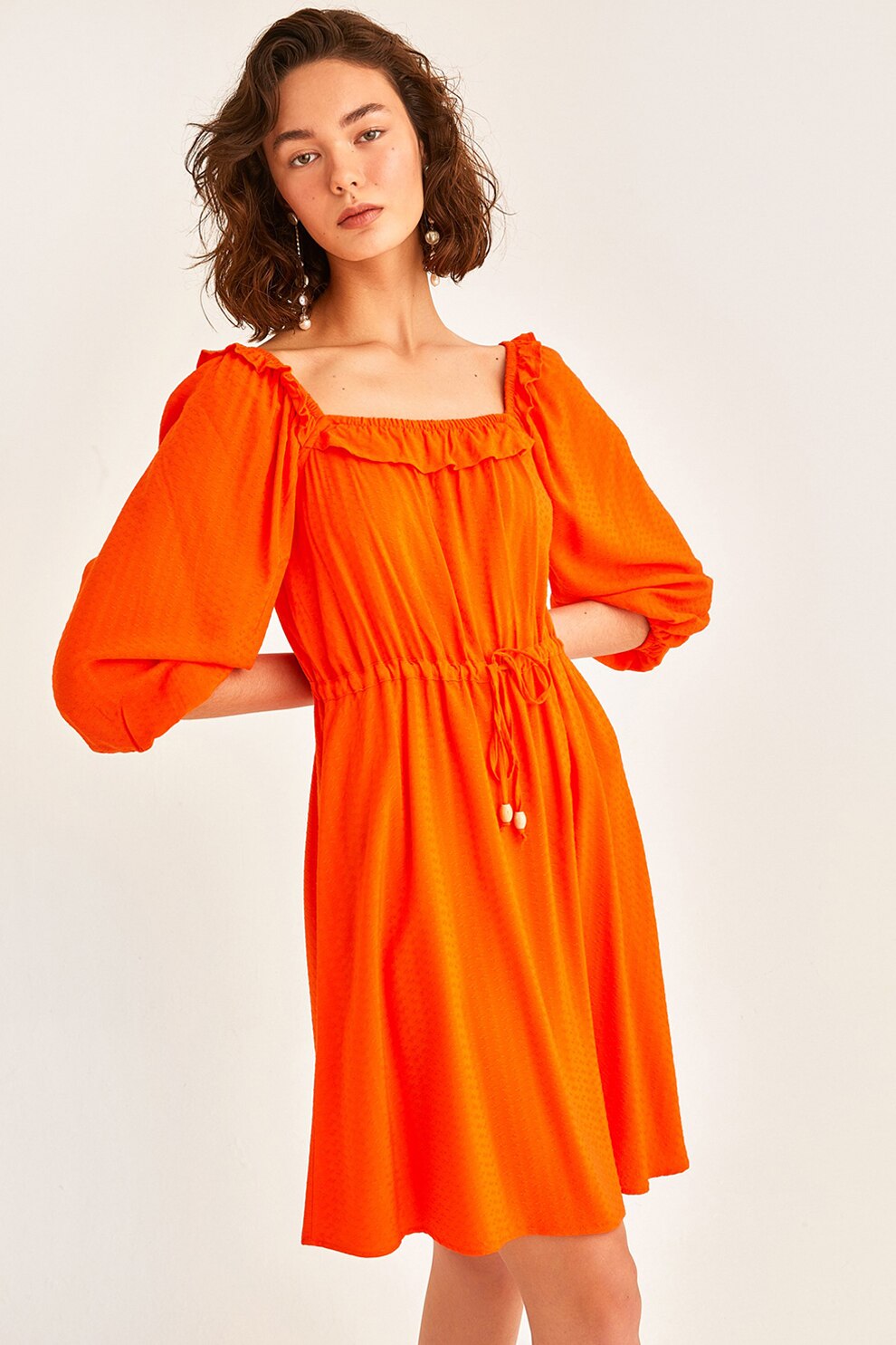 OXXO, Rochie scurta cu model uni si decolteu patrat, Portocaliu mandarina, S
