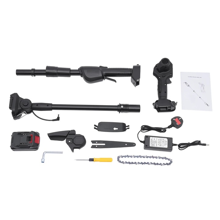 Akkus láncfűrész, 550 W, 1,3 m, 40 perc autonómia, fekete, készlet 2 kihúzható rúddal