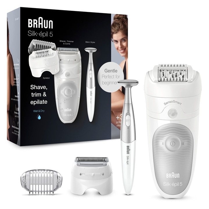 Епилатор Braun Silk-Épil 5 за жени за епилация / обезкосмяване, включително тример за бикини (тример за интимни косми), въртяща се глава, 5-805, бяло/сиво