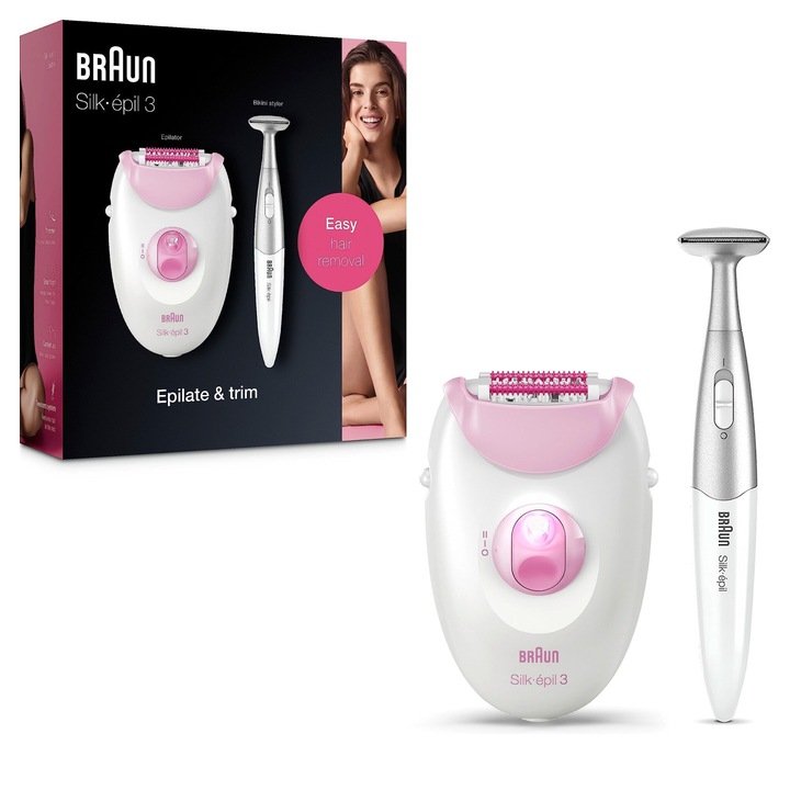 Епилатор с масажираща приставка и тример за бикини Braun Silk-Épil 3-321 pink/white epilator, ефективна технология за нежно обезкосмяване, предлага комфорт и дълготрайни резултати